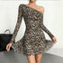 Women Clothing Leopard Print Dress Sexy Oblique Shoulder Waist Slimming Sheath Sexy Long Sleeve Short Dress by Ragazza