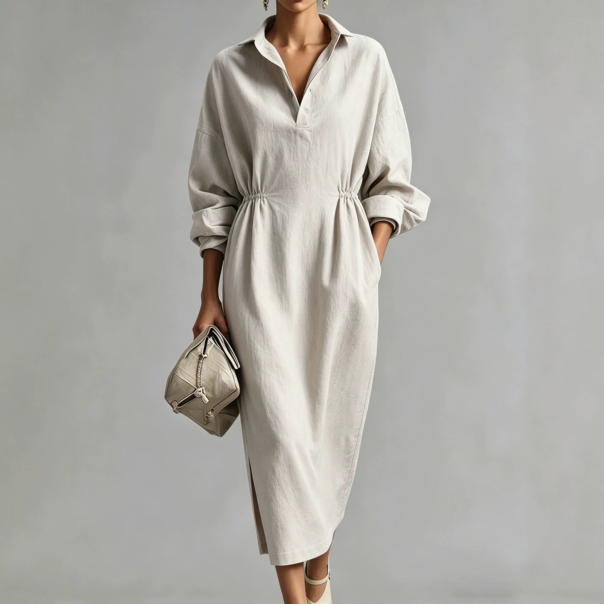 Women Clothing French Linen V neck Shirt Dress Drawstring Waist Trimming Loose Long Slit Dress by Ragazza