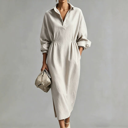 Women Clothing French Linen V neck Shirt Dress Drawstring Waist Trimming Loose Long Slit Dress by Ragazza