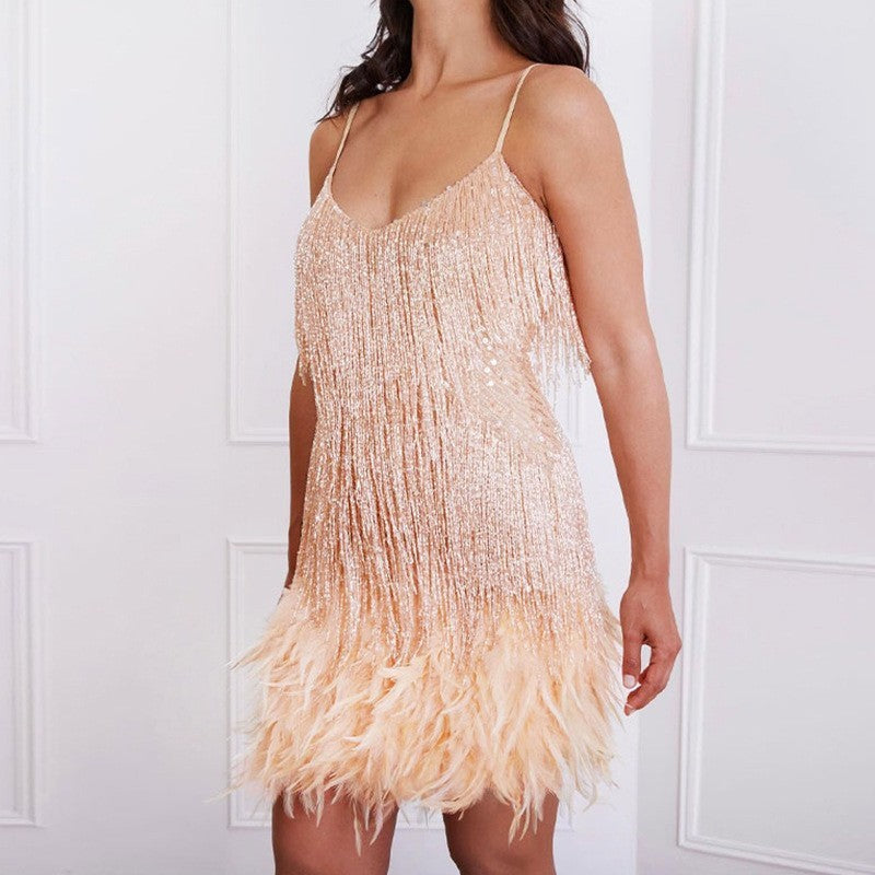 Tassel Sequ Multi Color Birthday Party Sexy V neck Strap Feather Stitching Gown Dress by Ragazza