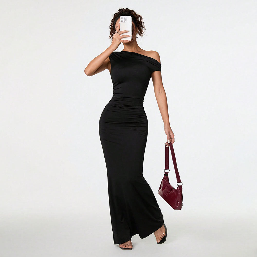 Women Clothing Sexy Socialite Dress Summer Off Shoulder Oblique Collar Black Formal Dress  DestGlow