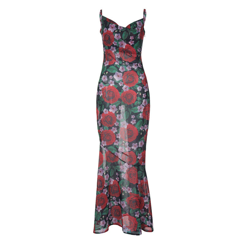 Spring Fashionable Sexy V neck Elegant All Match Slim Fit Long Printed Cami Dress for Women by Ragazza