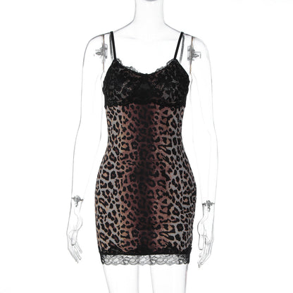 Women Clothing Fall Sexy Sexy Lace Edge Leopard Print Sling Sheath Dress by Ragazza