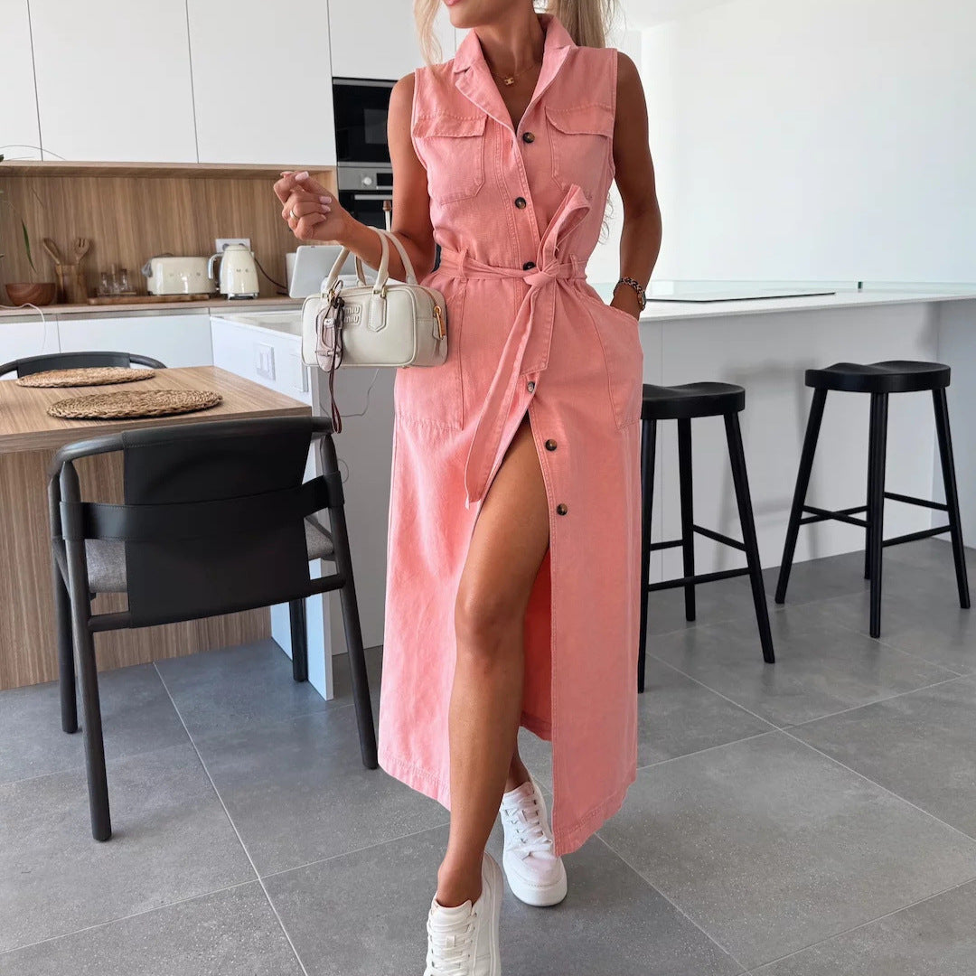Women Sleeveless Long Tie Waist Single Breasted Denim Dress by Ragazza