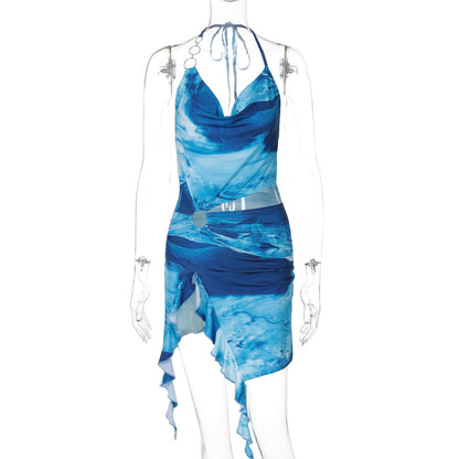 Women Clothing Summer Printing Sexy Backless Lace up Dress by Ragazza