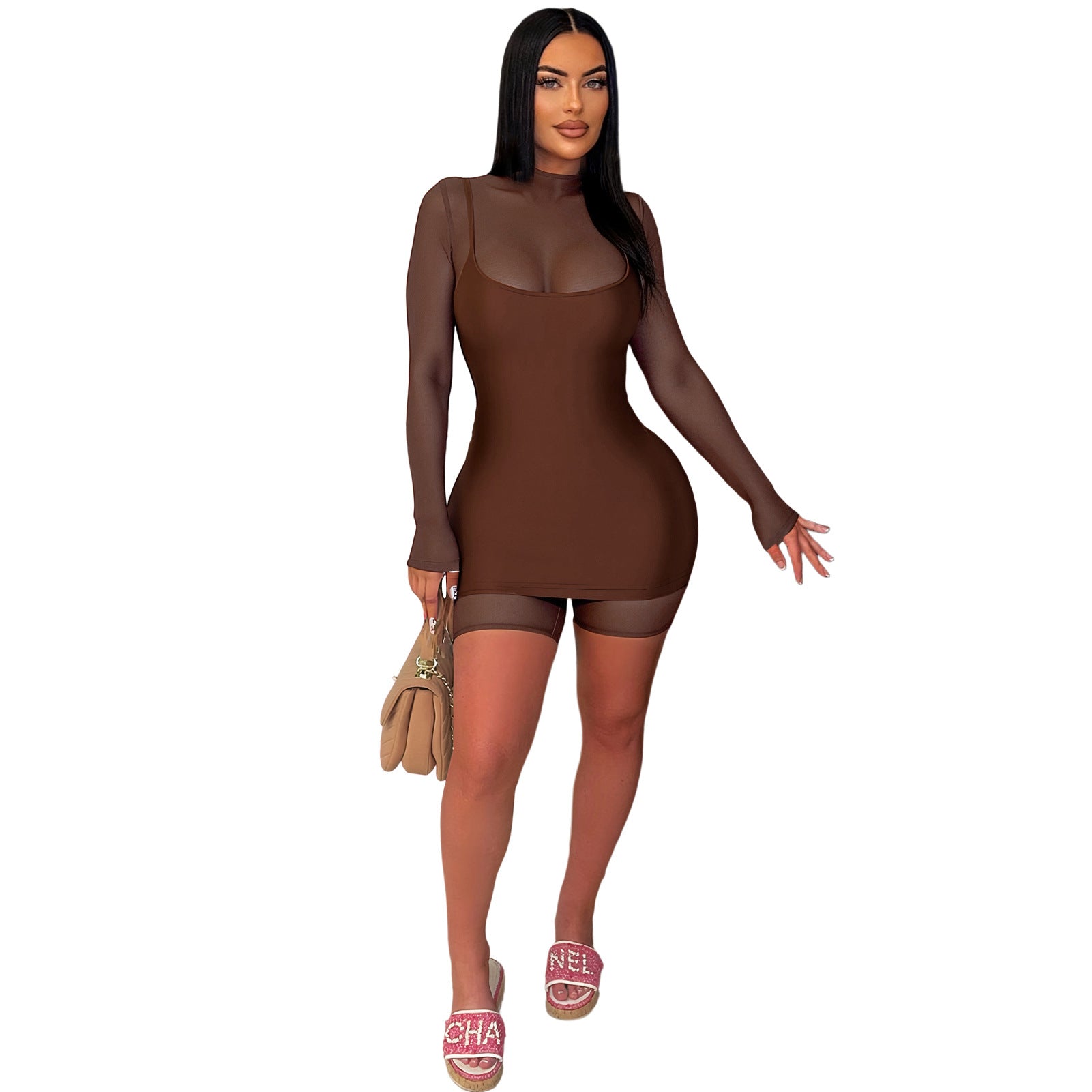 Women Clothing Sexy Zipper Mesh Jumpsuit Strap Reflective Dress Two Piece Set by Ragazza