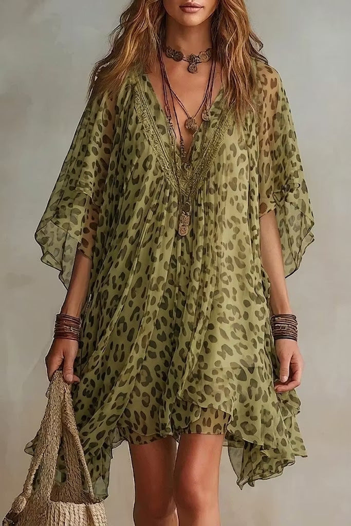 Summer Women Clothing V neck Chiffon Dress Seaside Vacation Loose Blouse Leopard Print Beach Dress  DestGlow