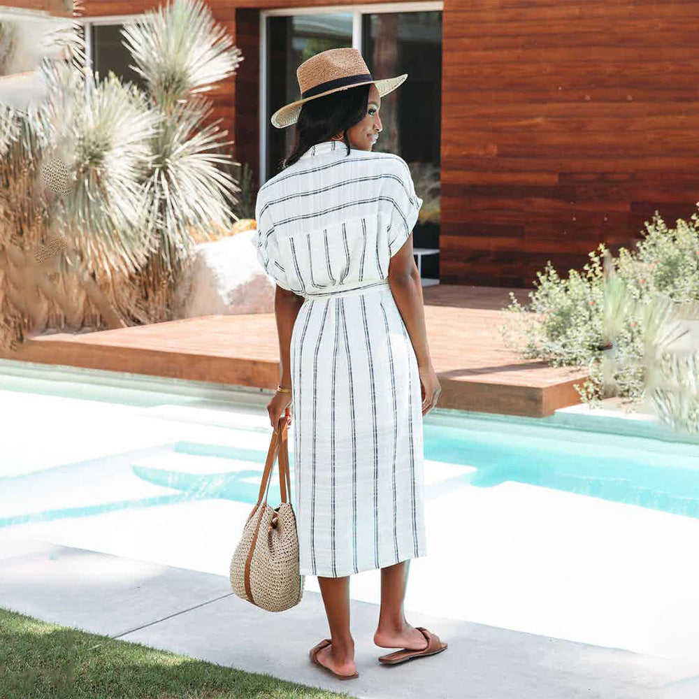 Summer Striped Short-Sleeved Cardigan Single-Breasted Casual Shirtdress Women by Ragazza