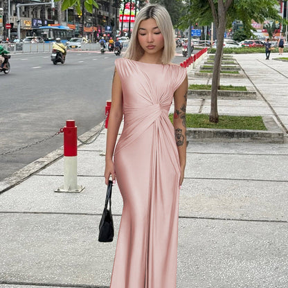 Women Clothing Winter Slim Pleated Solid Color Sleeveless Dress Women by Ragazza