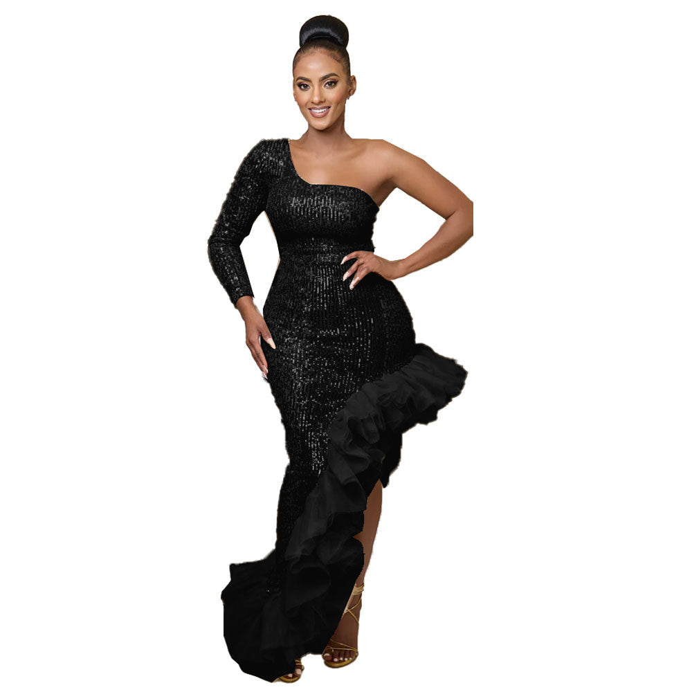 Sexy Sequin Single Shoulder Mesh Stitching Irregular Asymmetric Dress by Ragazza