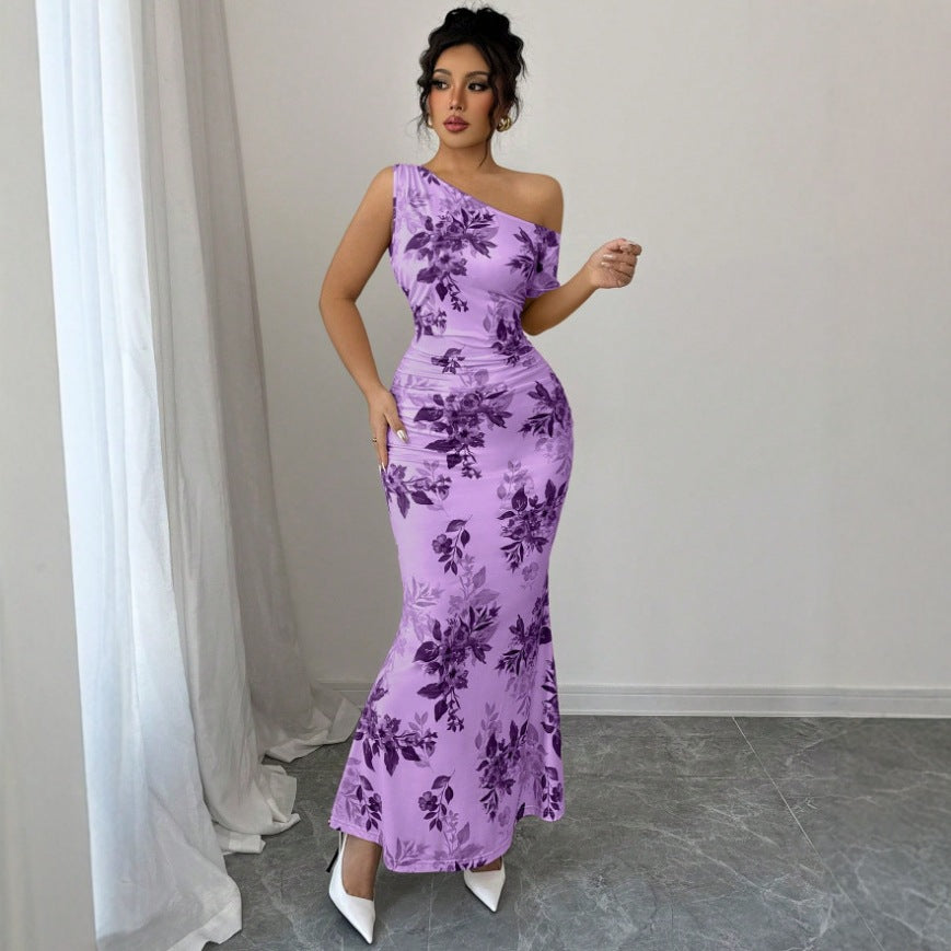 Printed Shoulder High Waist Sheath Dress Slimming Dress by Ragazza