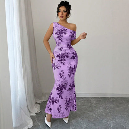 Printed Shoulder High Waist Sheath Dress Slimming Dress by Ragazza