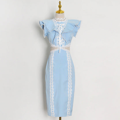 Elegant Women Hip Sexy Solid Color Ruffles Stitching Scheming Hollow Out Cutout out Maxi Dress by Ragazza
