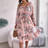 Spring Summer Elegant Floral Square Collar Long Sleeve Waist Trimming Ruffles A line Women Clothing by Ragazza