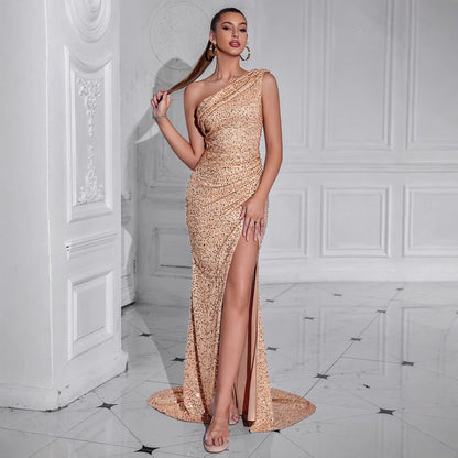 Women Sexy High Split Dress Oblique Shoulder Gorgeous Party Dinner Dress by Ragazza
