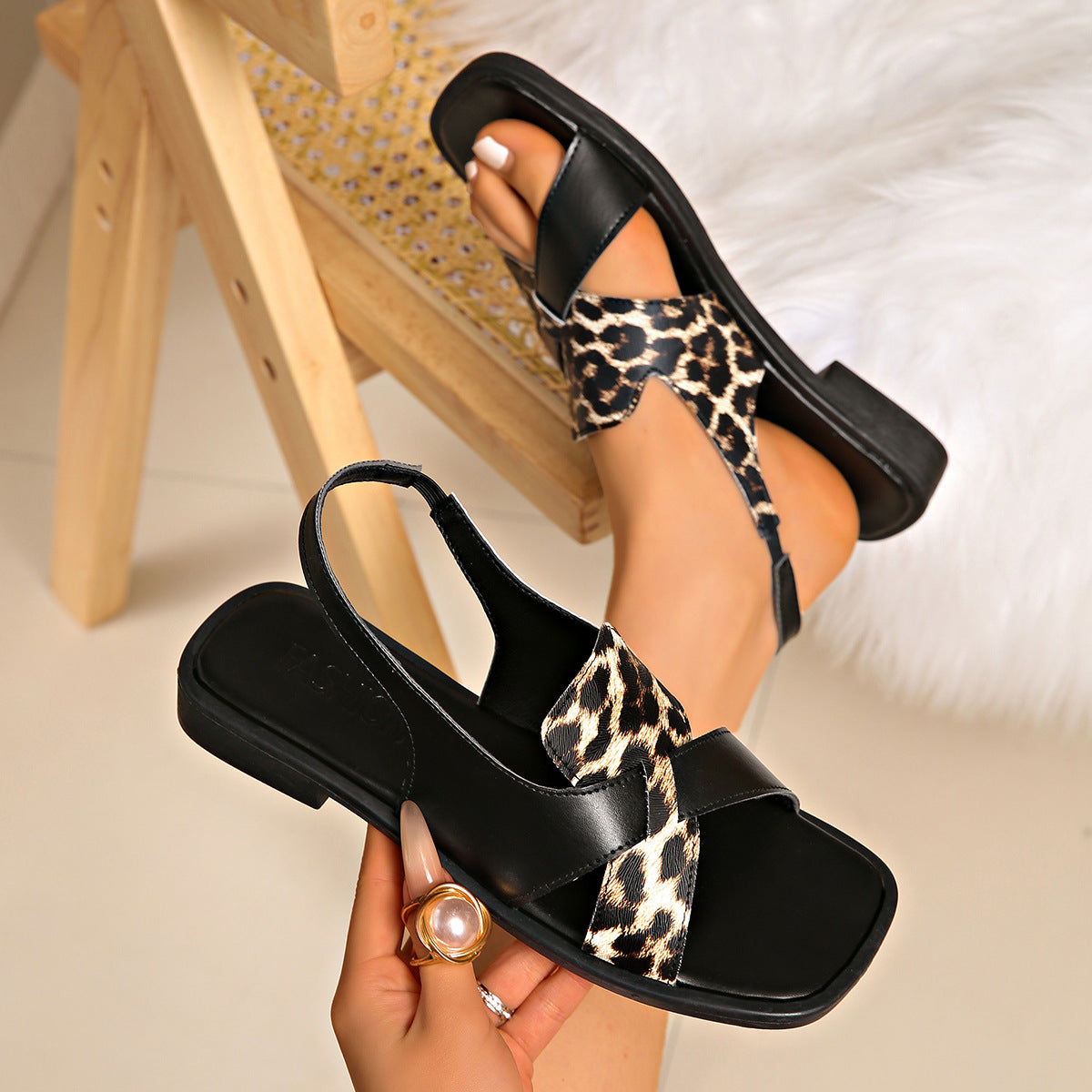 Leopard Print Color Matching Flat Open Toe Sandals Women Square Toe Mixed with Roman Beach Slippers  DestGlow