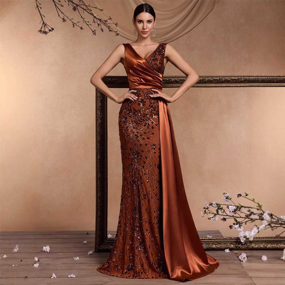 Elegant Sequin Stitching Fit V neck Sleeveless Elegant Gorgeous Noble Cocktail Party Formal Dinner Dress by Ragazza