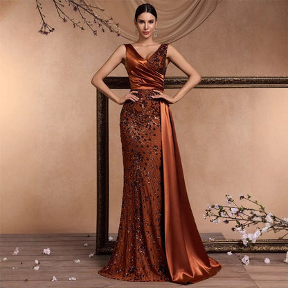 Elegant Sequin Stitching Fit V neck Sleeveless Elegant Gorgeous Noble Cocktail Party Formal Dinner Dress by Ragazza