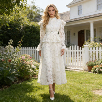 Spring French Cutout Lace Stitching Court Waist Slimming Elegant Dress for Women by Ragazza