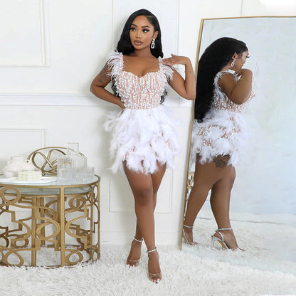 Beaded Feather V neck Tight Waist Short Dress Luxury High End Party Dress by Ragazza