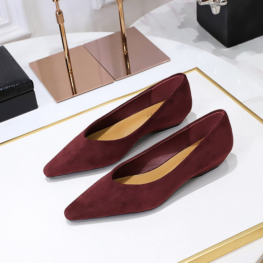 Daily Simple All Match Pointed Toe Shallow Mouth Low Heel Comfortable Suede Wedge Shoes Women Shoes  DestGlow