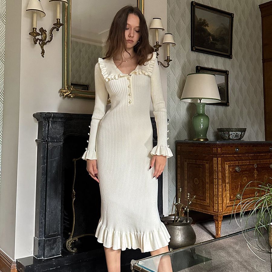 Ruffled Dress Knitted Dress Autumn Winter Sweater Dress Retro Lady French Dress by Ragazza