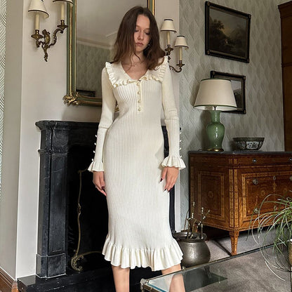 Ruffled Dress Knitted Dress Autumn Winter Sweater Dress Retro Lady French Dress by Ragazza