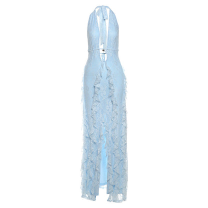 Women Clothing Summer Elegant Sexy Deep V Plunge neck Hollow Out Cutout Halter Lace up Lace Split Dress by Ragazza