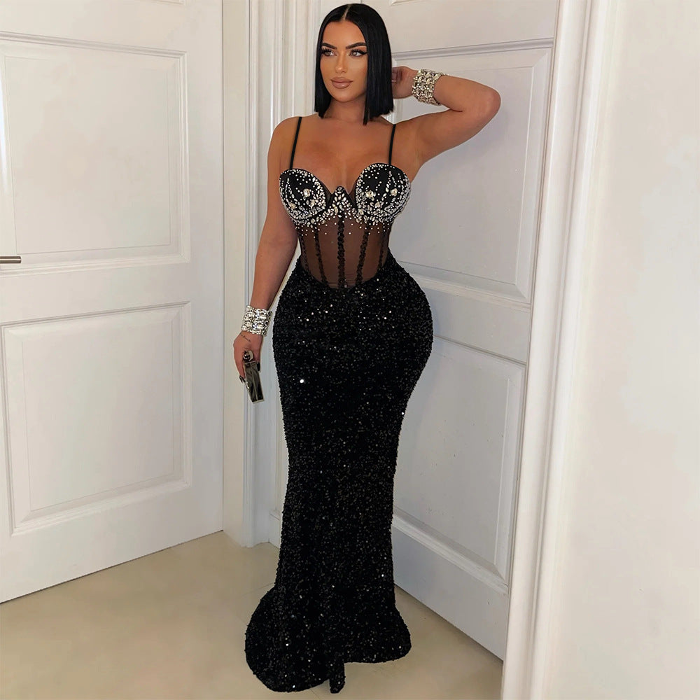 Velvet Sequined Party Dress Dress Rhinestone Strap Dress Sheath Dress Women by Ragazza
