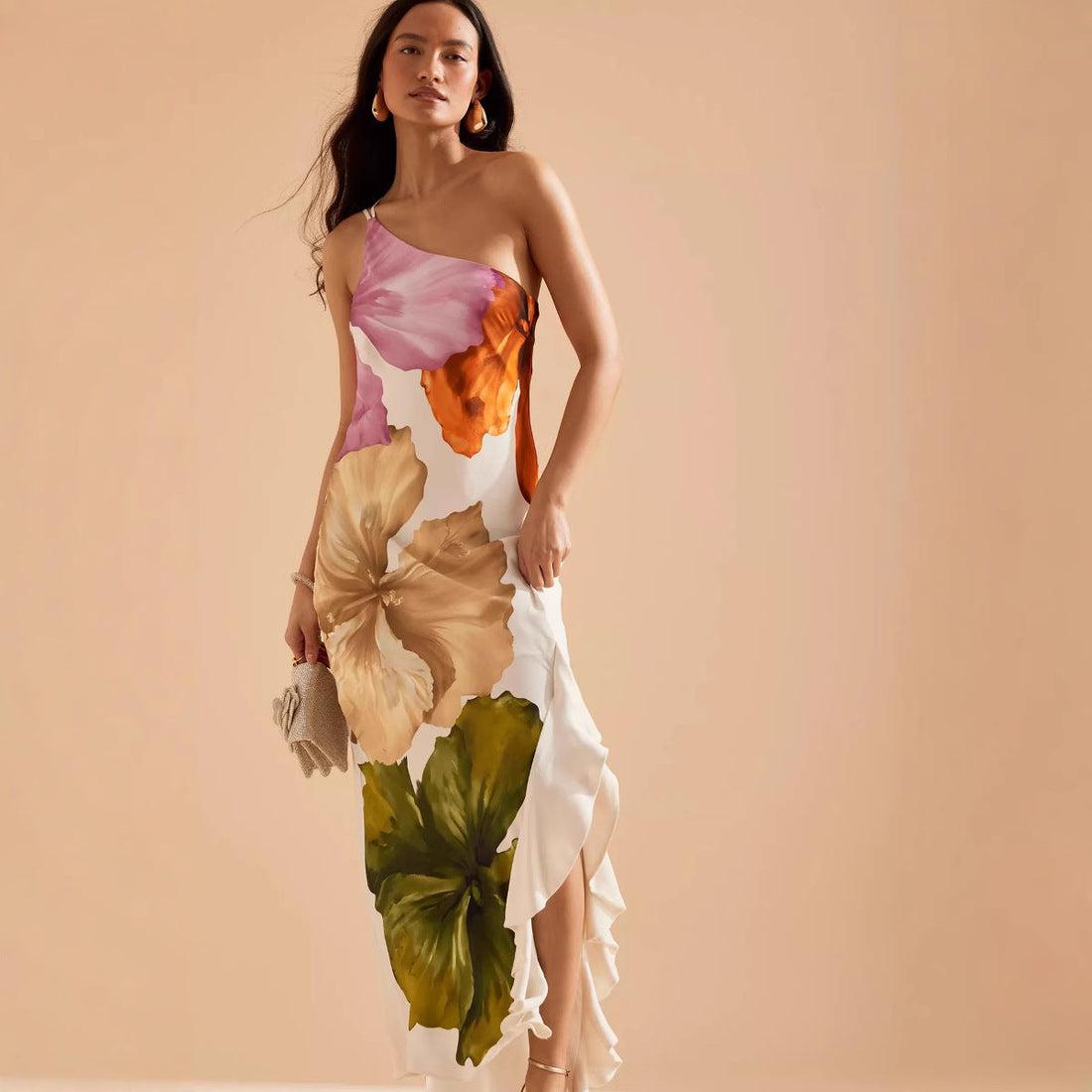 Spring Summer Oblique Shoulder Positioning Printing Dress Casual Vacation Loose Dress by Ragazza