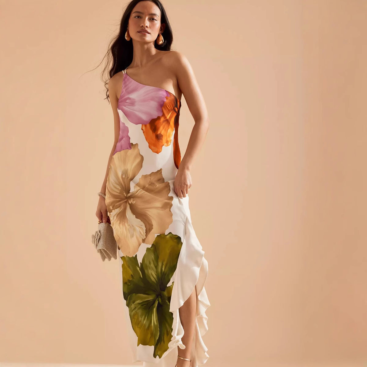 Spring Summer Oblique Shoulder Positioning Printing Dress Casual Vacation Loose Dress by Ragazza