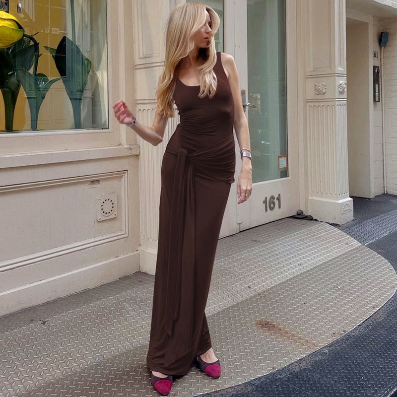 Women Trend Solid Color U Collar Sleeveless Vest Waist Trimming Lace up Tight Dress by Ragazza