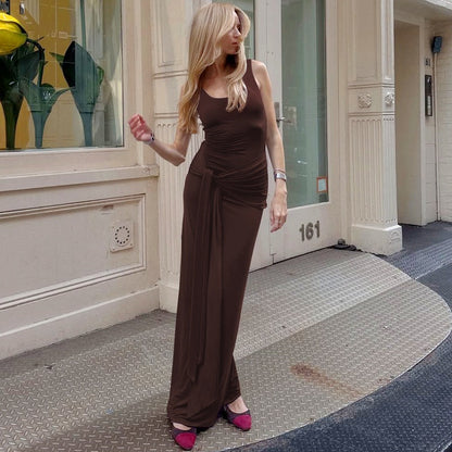 Women Trend Solid Color U Collar Sleeveless Vest Waist Trimming Lace up Tight Dress by Ragazza