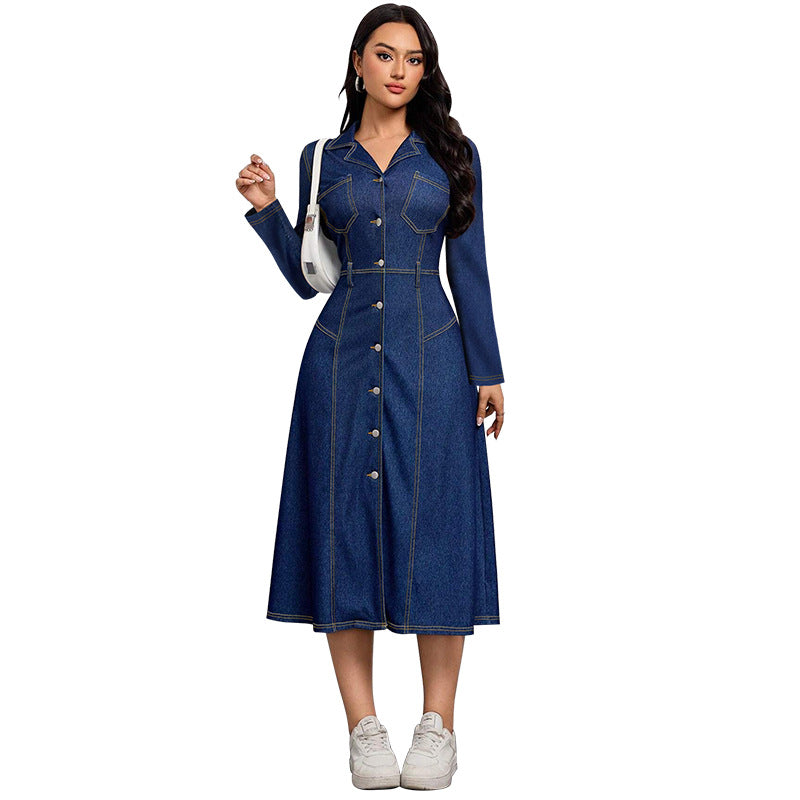 Women Clothing Denim Waist Slimming Thin High Class Elegant Anti Aging Long Sleeves Dress by Ragazza