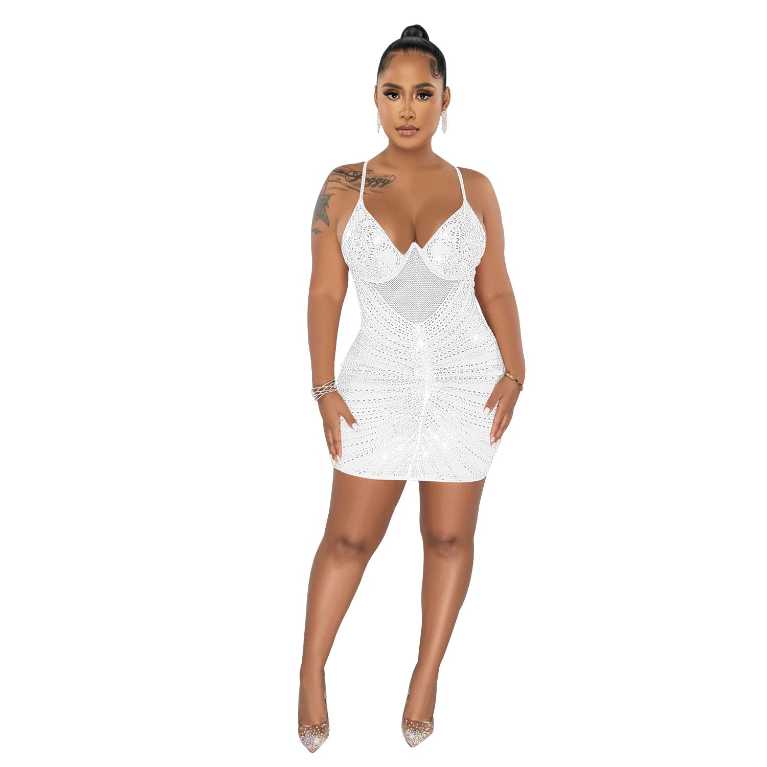 Women Wear Rhinestone Mesh Camisole Sleeveless Dress by Ragazza
