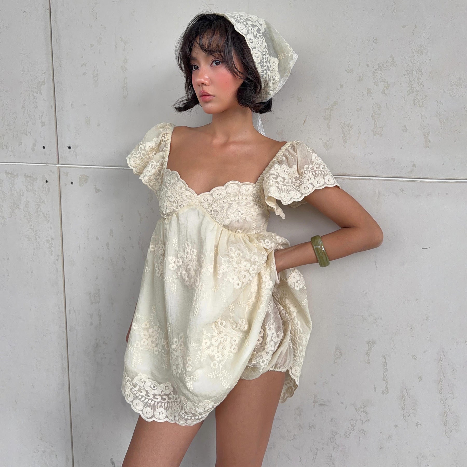 Women Clothing Summer Lace Embroidered Loose Puff Sleeves Sweet Elegance Dress  DestGlow
