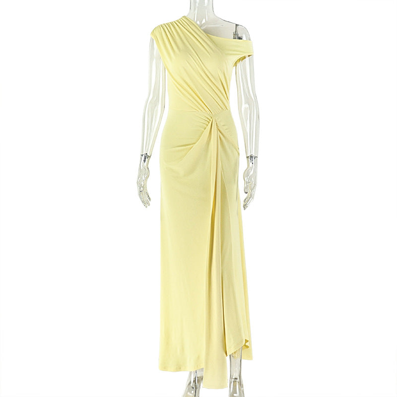 Women Clothing Solid Color Design Fitted Waist Pleated A line Dress Diagonal Collar Sleeveless Open Shoulder Maxi Dress by Ragazza