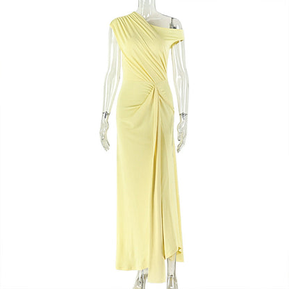 Women Clothing Solid Color Design Fitted Waist Pleated A line Dress Diagonal Collar Sleeveless Open Shoulder Maxi Dress by Ragazza