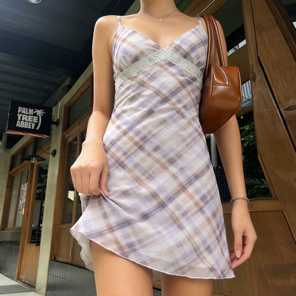 Plaid Lace Bow V neck Adjustable Strap Dress High Waist A line Summer by Ragazza