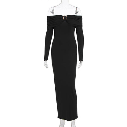 Women Clothing Fall Sexy Tube Top off Neck Solid Color Midi Dress by Ragazza