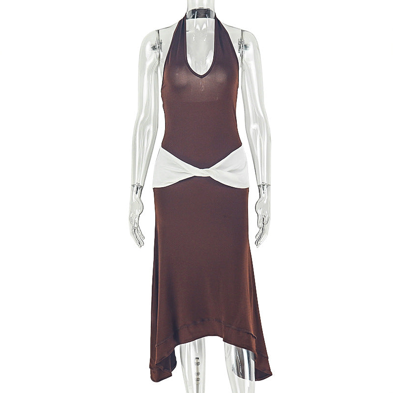 Color Matching Women Pleated Simple Design V neck Halter Waist Tight Maxi Dress  DestGlow