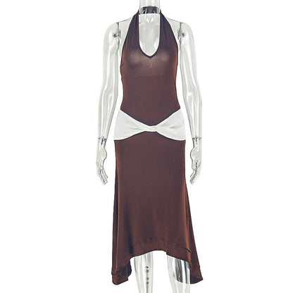 Color Matching Women Pleated Simple Design V neck Halter Waist Tight Maxi Dress  DestGlow
