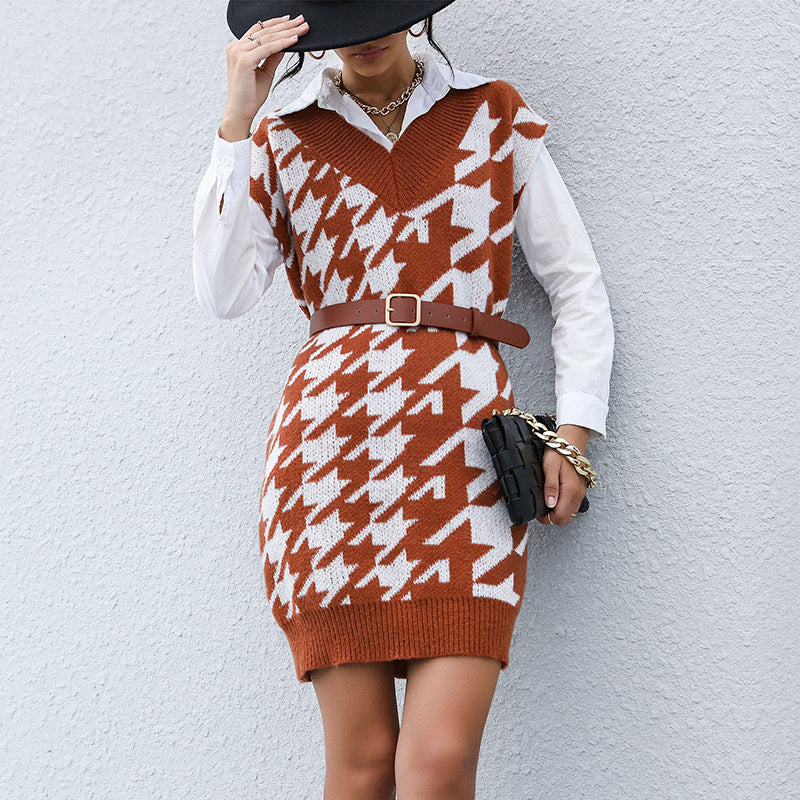 Women Wear Casual Long Sleeve Houndstooth Fall Winter Sweater Dress Outer Wear by Ragazza