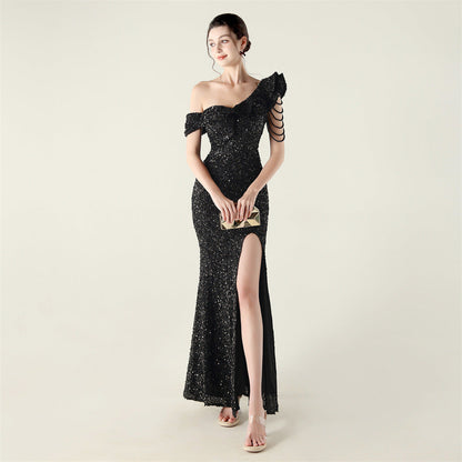 One Shoulder Pleated Ruffled Embellished Beaded Chain Sequined Evening Dress Cocktail Wedding Red Carpet by Ragazza