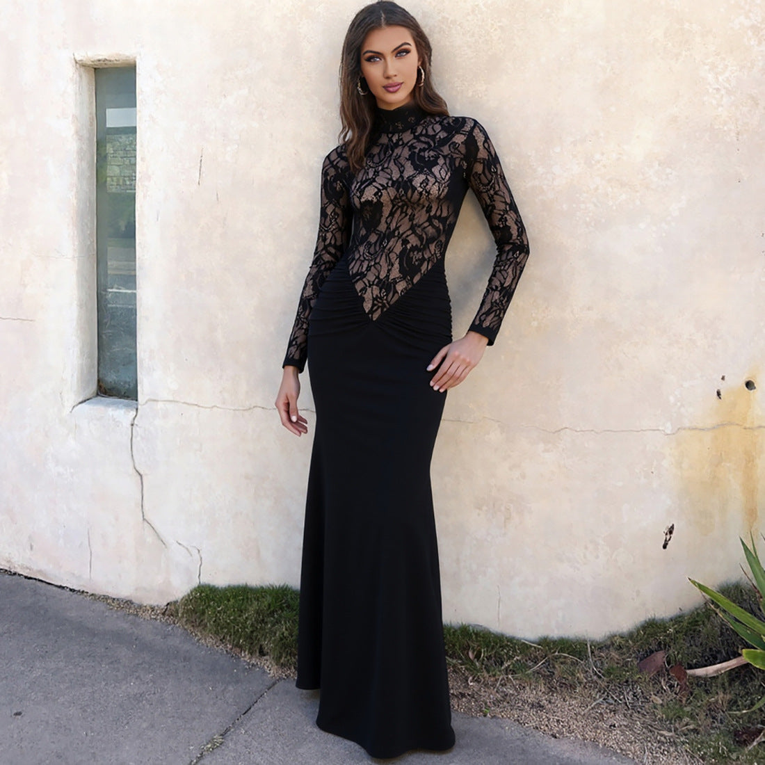 Autumn Winter Women Clothing High Neck Sexy Hollow Out Cutout out See through Lace Slim Fit Long Sleeved Elegant Dress by Ragazza