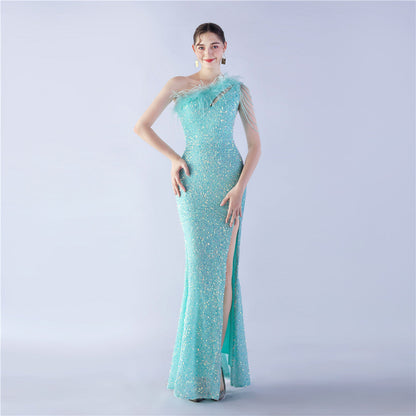 Ostrich Hair Craft Oblique Shoulder Side Slit High End Evening Dress by Ragazza