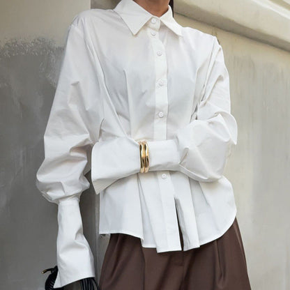 Court White Cotton Shirt Women Light Luxury Pleat Waisted Slim-Fit Long-Sleeved Collared Shirt by Ragazza