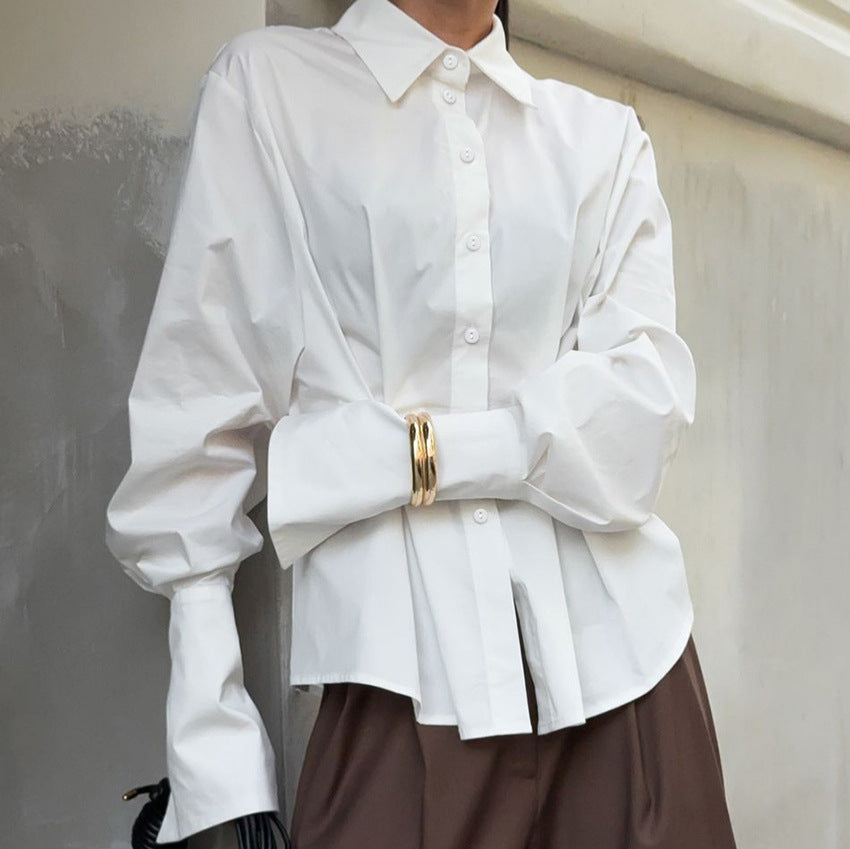 Court White Cotton Shirt Women Light Luxury Pleat Waisted Slim-Fit Long-Sleeved Collared Shirt by Ragazza