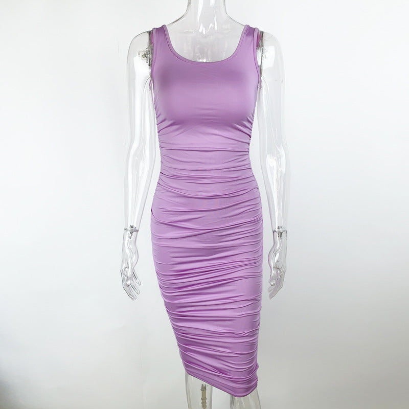 Summer Sexy Women Wear Solid Color Tight Backless Sleeveless Pleated Dress by Ragazza