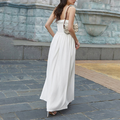 Summer Cool Ice Velvet Crepe Fabric Cami Dress Sexy V neck Flounce Decoration Slim Fit Maxi Dress  DestGlow